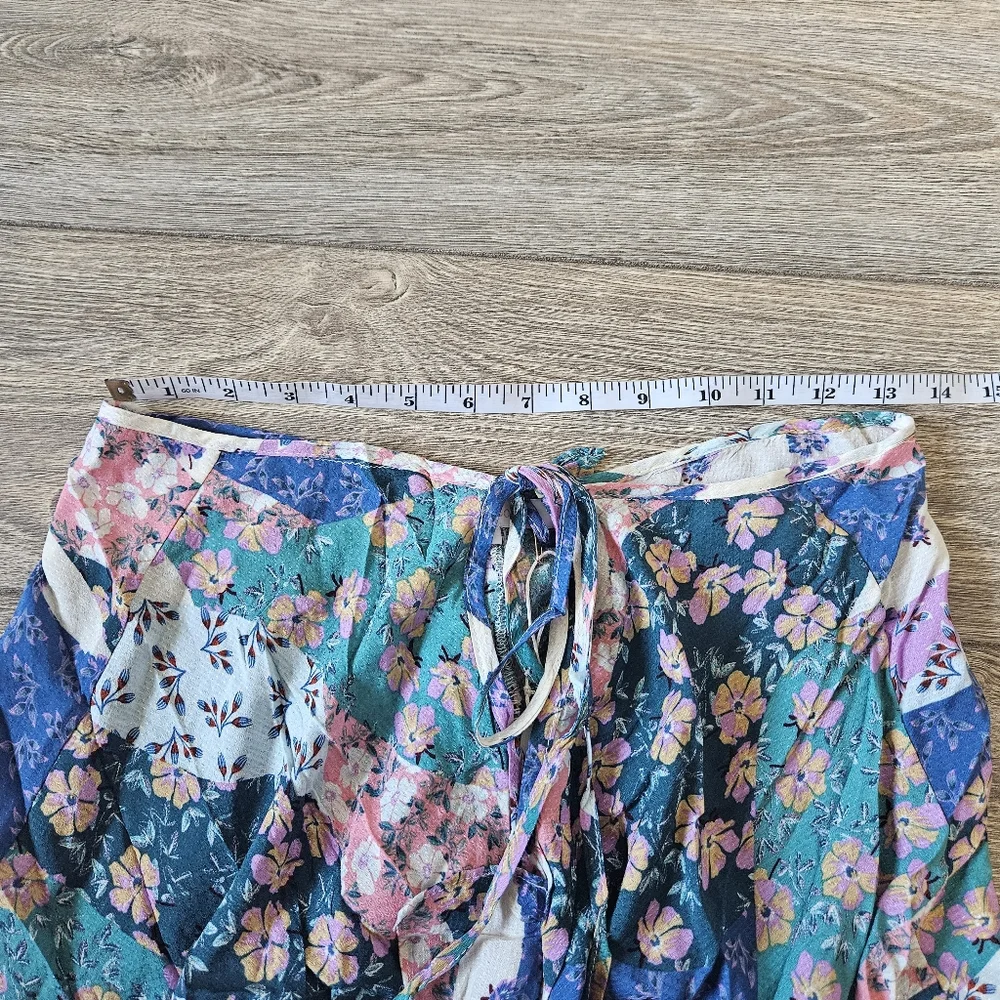 Olivaceous Multicolored Floral Patchwork Asymmetric Boho Midi Skirt